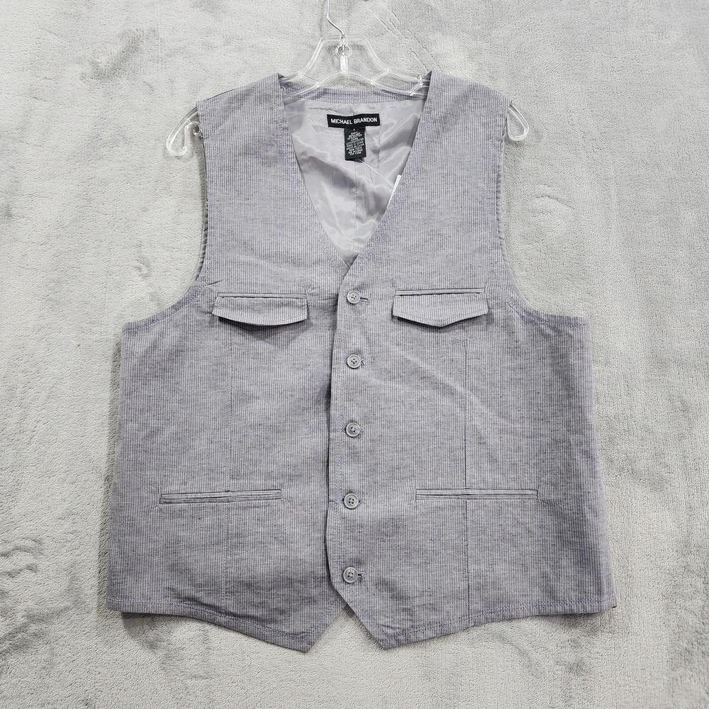 Michael Brandon Vest Mens L Gray Linen Blend Stripe Suit Waistcoat Formal Dress